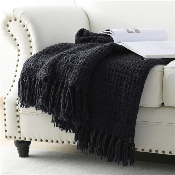 HOME Chunky Black Knitted Throw Blanket for Couch, Chair, Sofa, or Bed - Picture 2 of 16
